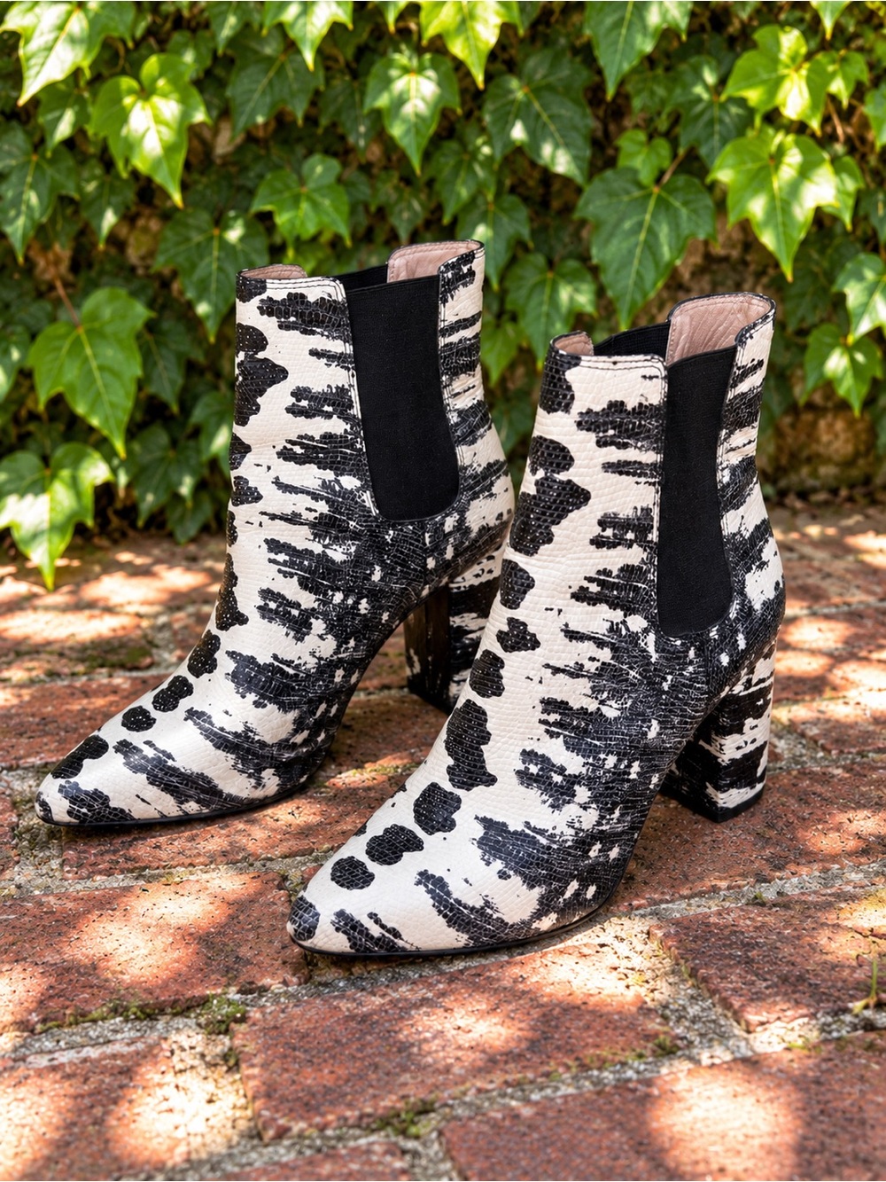 ZIMMERMANN Black and Ivory Leather Animal Print Chelsea Coastal Cowgirl Boots, 7